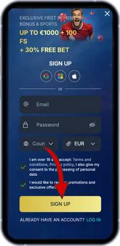 Registratiepagina van Monixbet met welkomstbonus tot €1000 + 100 FS