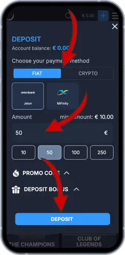 Stortings pagina Monixbet met keuze voor €50 deposit en betaalmethodes